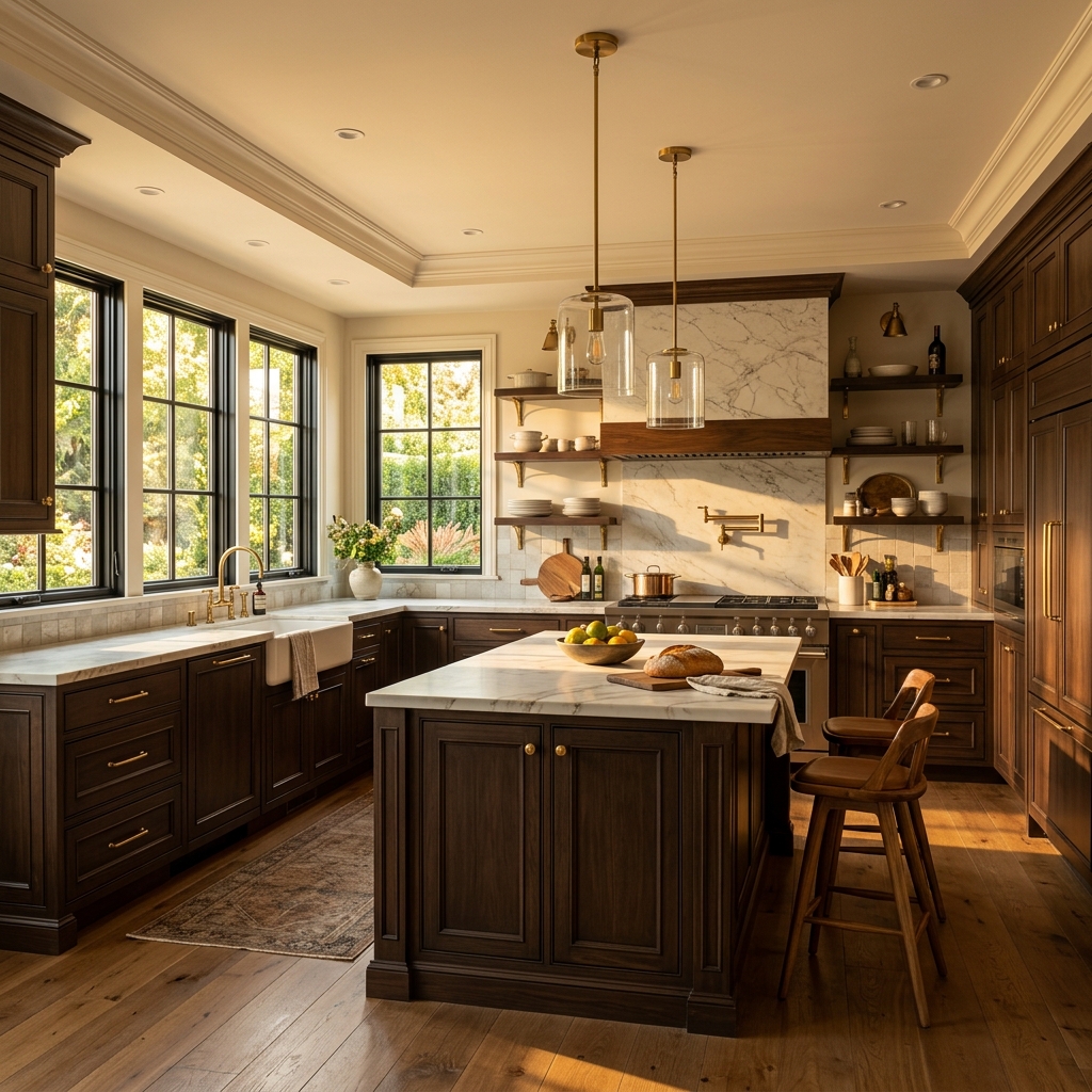 Luxury remodeled kitchen with custom dark wood cabinetry